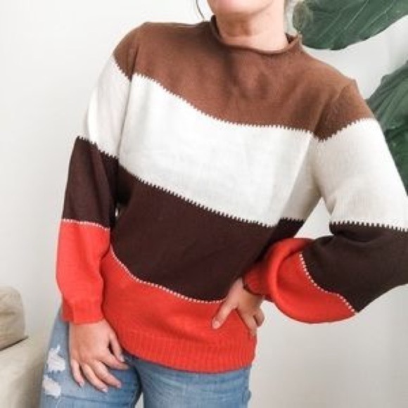 Misslook Sweater Balloon Sleeves Wide Stripes Fall Colors Size XL - Picture 2 of 10